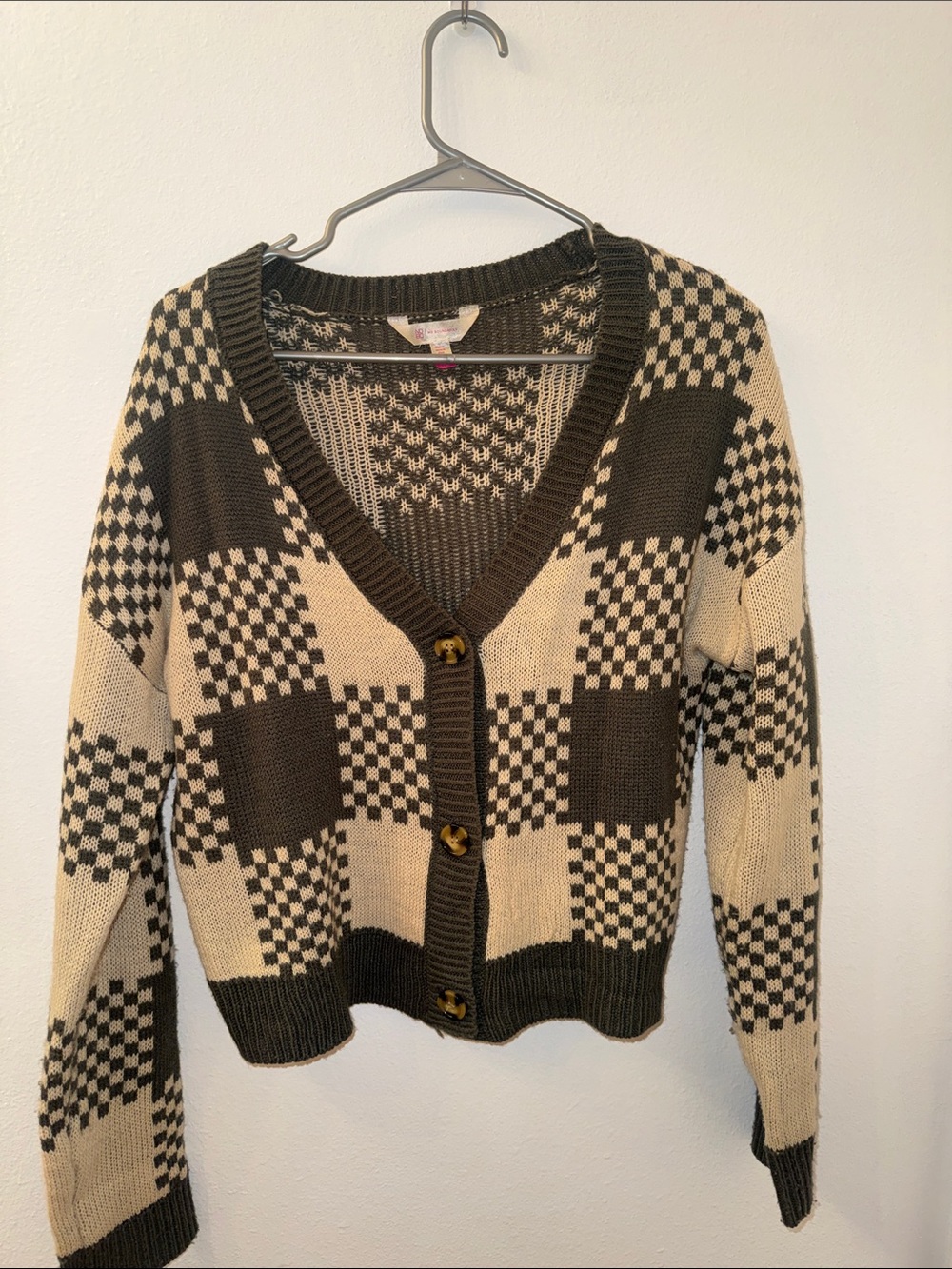 No Boundaries Checkerboard V-Neck Cardigan - Dark Green and Cream